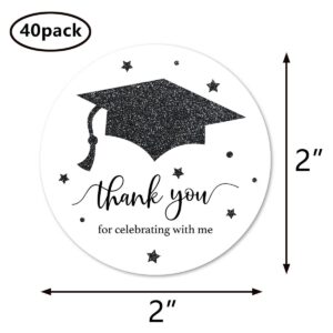 Black White Graduation Thank You Stickers, Congrats Grad Party Favor Sticker Labels 40-Pack 2in