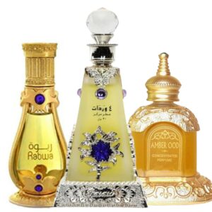 rasasi #4 i arba wardat (30 ml - 1.02 oz) amber ood (14 ml - 0.47 oz) rabwa (19 ml - 0.60 oz) cpo i xtra value collection i alcohal free perfumes