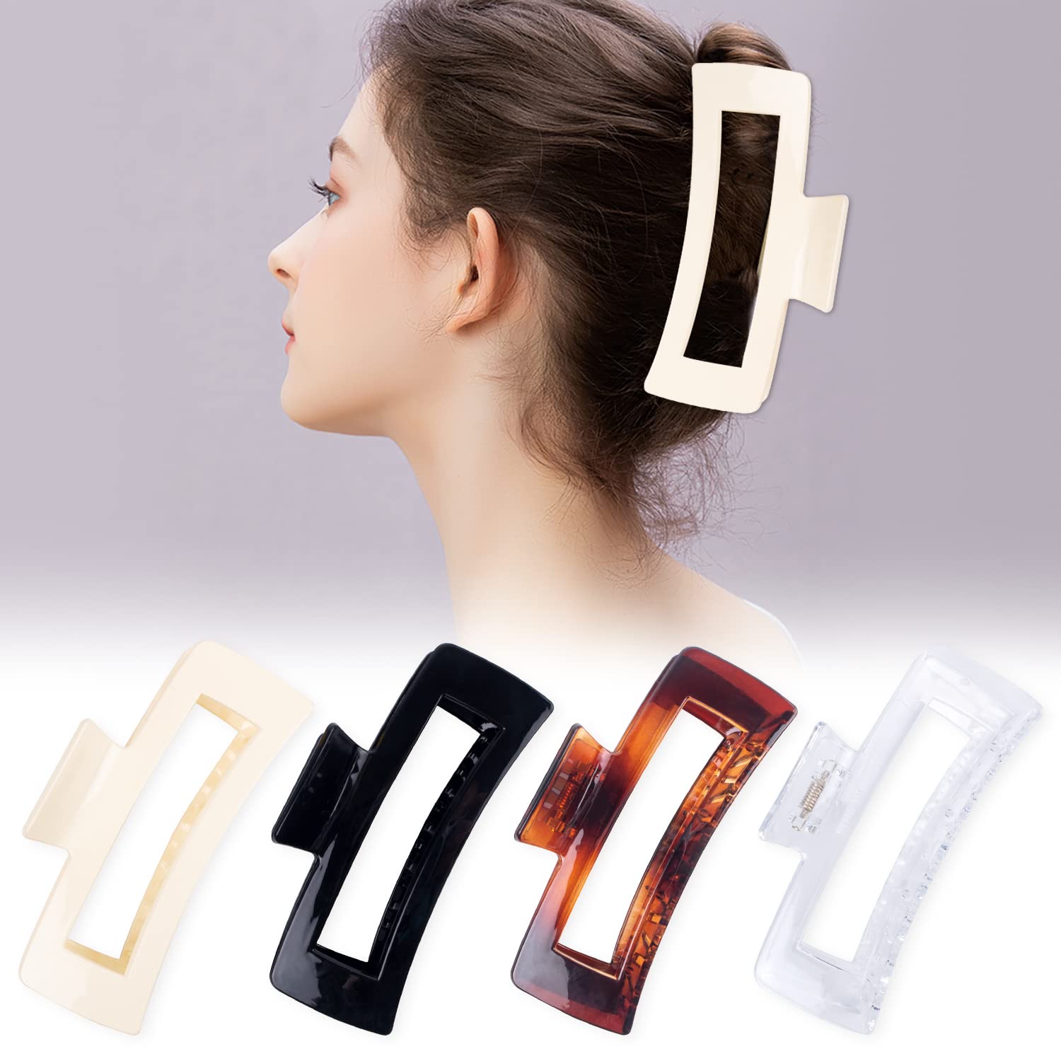 4 Pack Extra Large Hair Claw for Women, 5'' Strong Hold Bright Clamps for Thick and Long Hair, 90's Non-slip Square Jaw Clips for Curly Hair,