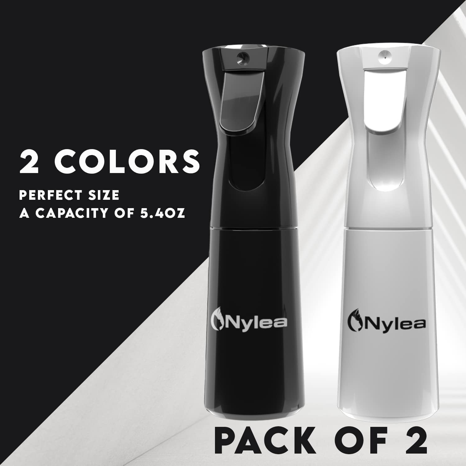 Nylea Continuous Hair Spray Bottle [2-Pack] Refillable Ultra Fine Mist Small Spray Bottles for Hairstyling and Plants, Cleaning, Misting, Gardening, and Skin Care, Black and White - 5.4 oz / 160ml