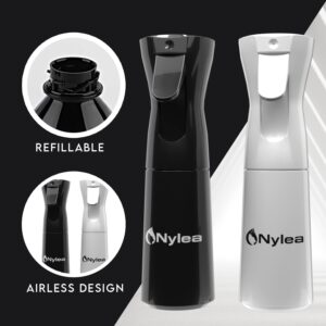 Nylea Continuous Hair Spray Bottle [2-Pack] Refillable Ultra Fine Mist Small Spray Bottles for Hairstyling and Plants, Cleaning, Misting, Gardening, and Skin Care, Black and White - 5.4 oz / 160ml