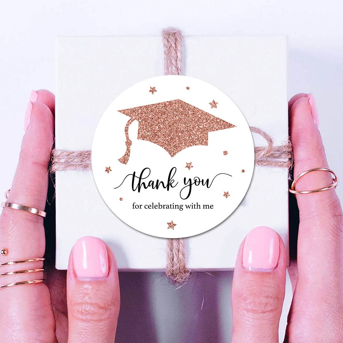 Rose Gold White Graduation Thank You Stickers, Congrats Grad Party Favor Sticker Labels 40-Pack 2in