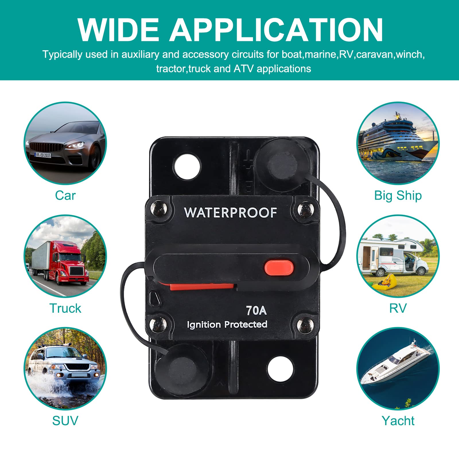 70 Amp Waterproof Circuit Breaker,with Manual Reset,12V-48V DC, for Car Marine Trolling Motors Boat ATV Manual Power Protect and Automotive Marine Boat Audio System Protection