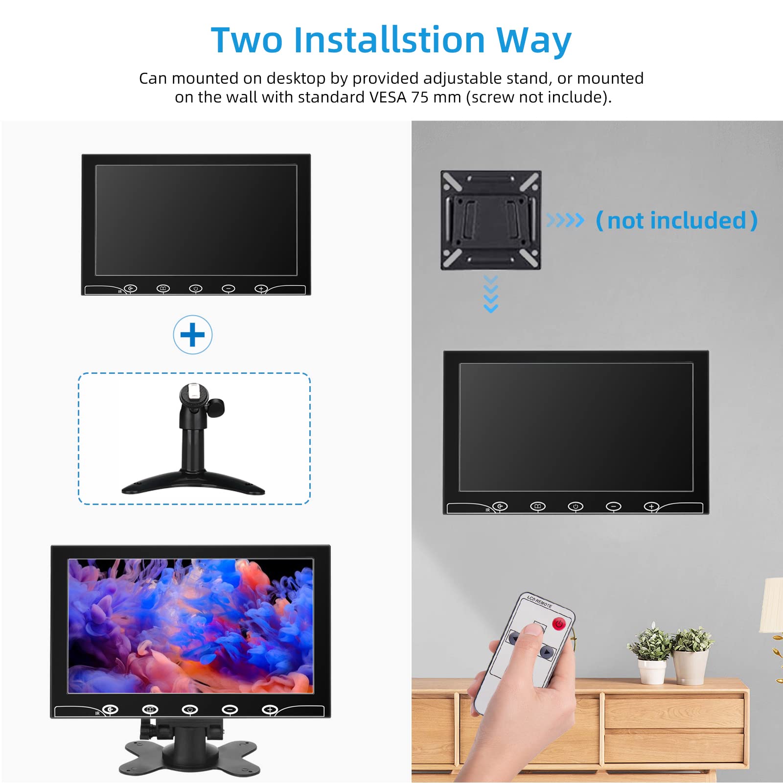 10.1 Inch Small Monitor, Raspberry Pi Monitor Built-in Speakers, Mini Monitor 1024 x 600, HDMI Monitor 60 Hz, 5ms, IPS Screen Display w/Remote Control, HDMI VGA AV BNC Input, Computer Monitor