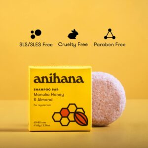 ANIHANA Shampoo Bar for Regular Normal Hair Clean Purifying Natural Healthy Look and Shine Paraben Free Manuka Honey and Almond 2.29 oz