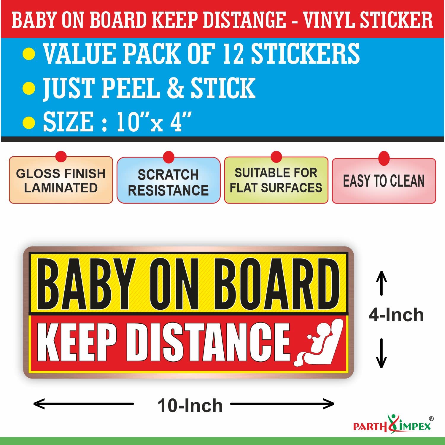 Baby on Board Sticker - (Pack of 12) 4" x 10" Large Keep Distance Warning Sign Car Safety Bumper Decal for Vehicle