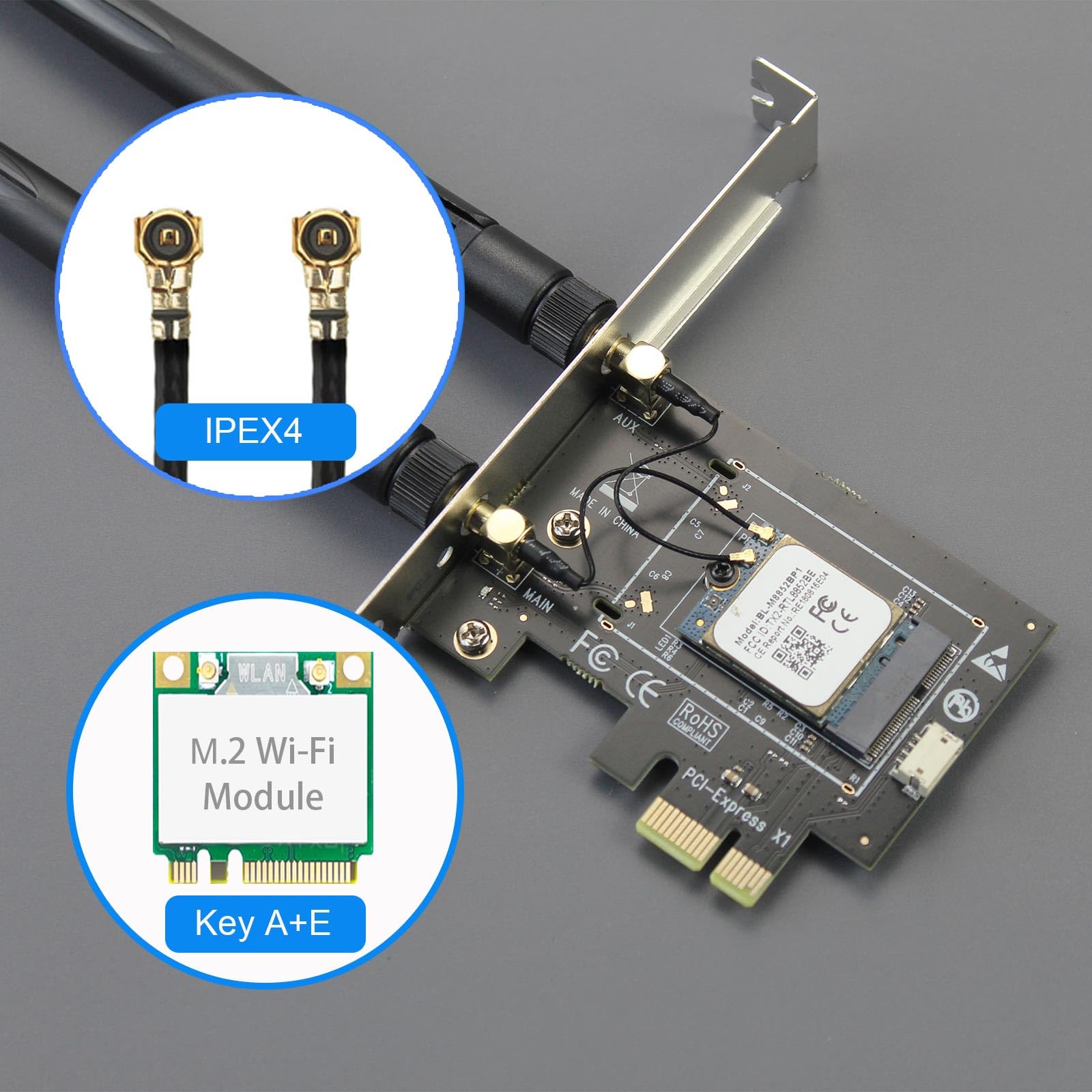 GLOTRENDS WA01 M.2 E Key to PCIe X1 WiFi Bluetooth Adapter for M.2 WiFi 4/5/6/6e/7/Coral TPU Module, with 6-dBi SMA Antenna Kits