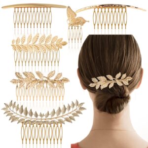 6 pack vintage hair side combs metal for women girl, bridal leaf decorative clips gold french twist hair slide comb with teeth grip for bride wedding headpiece hair accessories