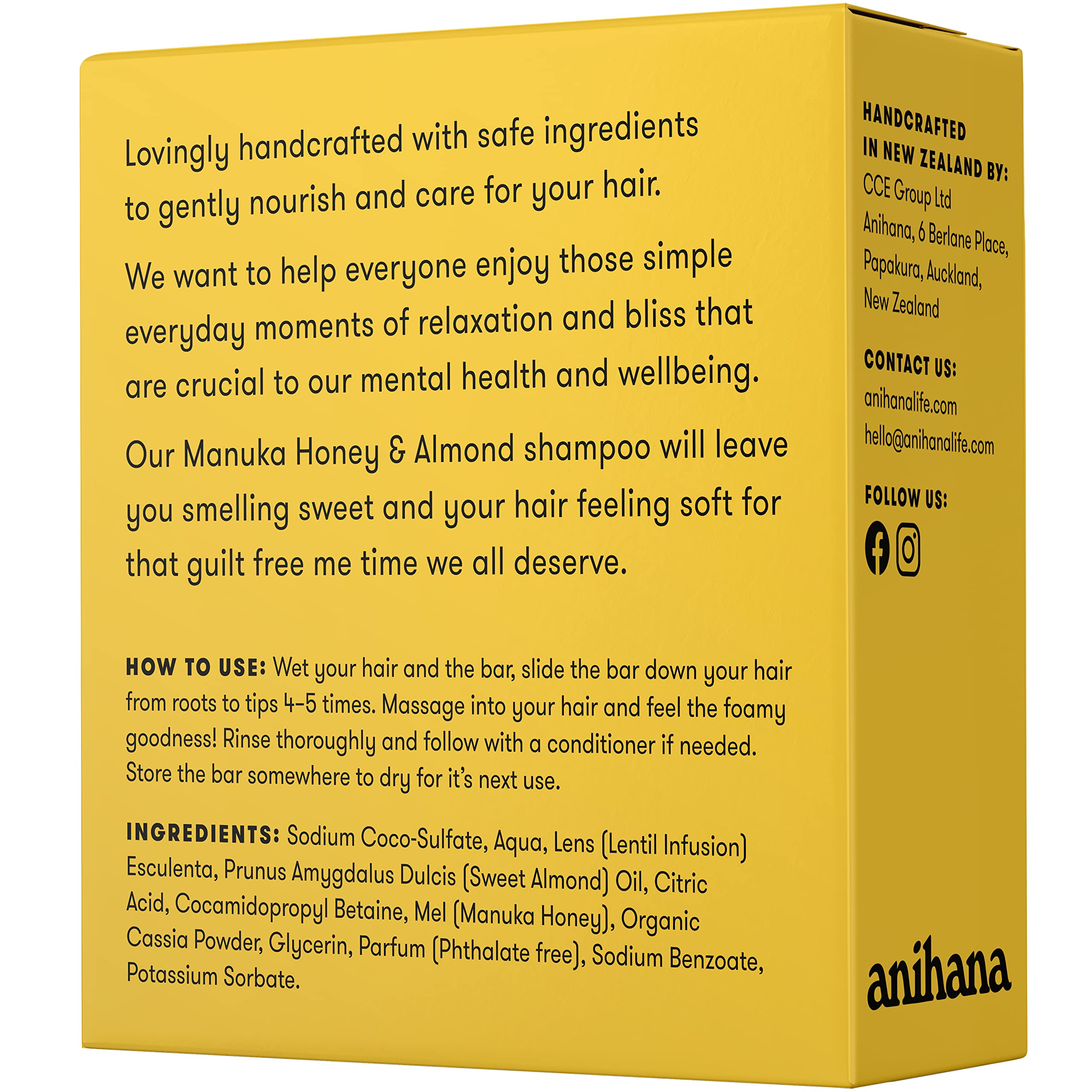 ANIHANA Shampoo Bar for Regular Normal Hair Clean Purifying Natural Healthy Look and Shine Paraben Free Manuka Honey and Almond 2.29 oz