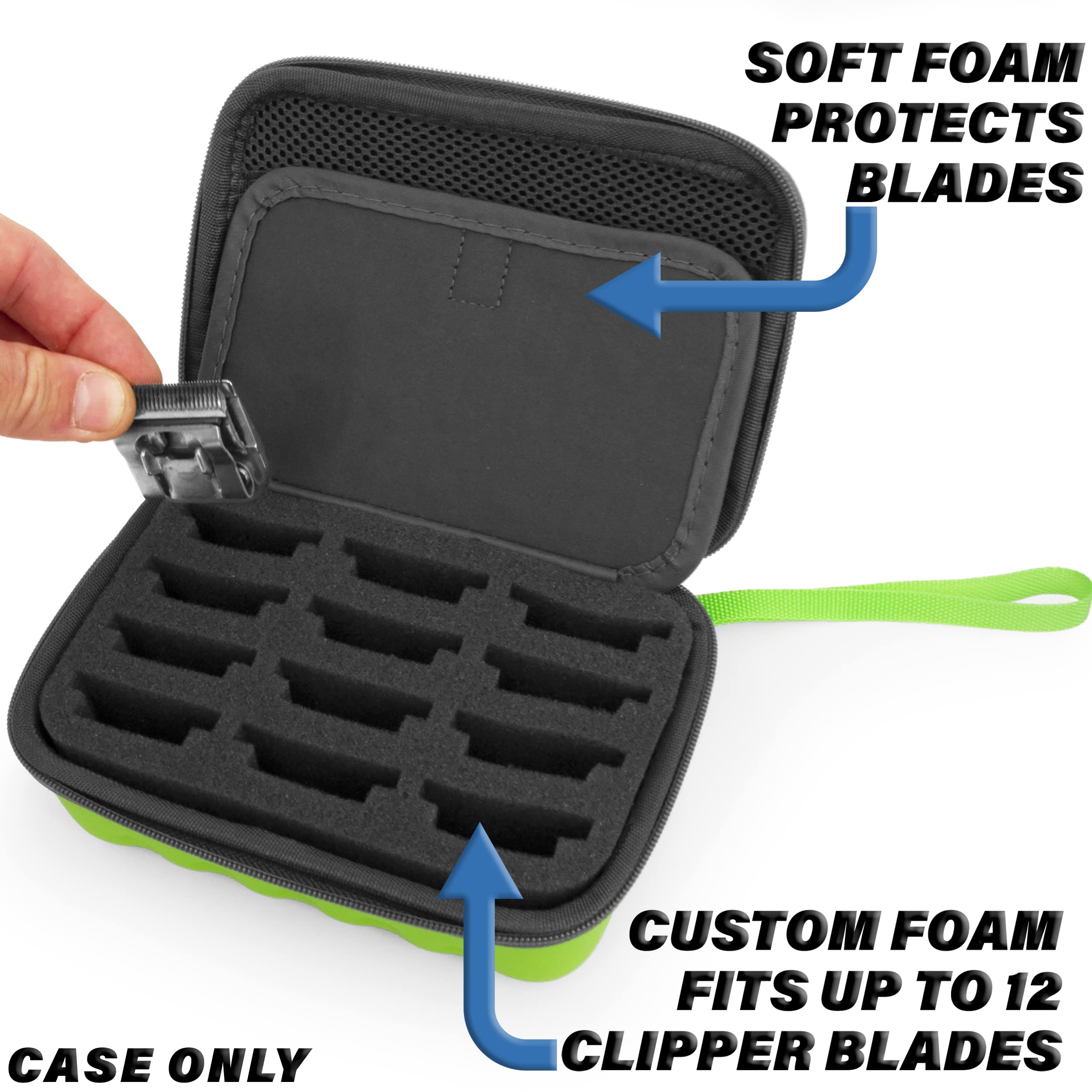 CASEMATIX Green Clipper Blade Holder for 12 Blades - Protective Clipper Blade Storage Case with Barber Blade Holder Foam and Hard Shell Impact-Resistant Outer, Case Only