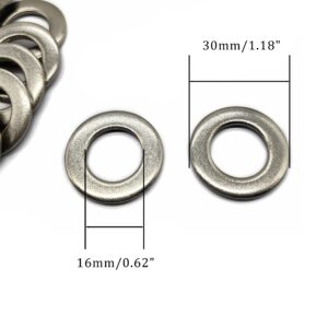 M16 Flat Washer, 304 Stainless Steel, 16mm ID, 30mm OD, 3mm Thickness, Plain Finish, for Bolt and Screw (Pack of 25)