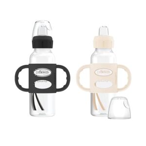 dr. brown's milestones narrow sippy spout bottle with 100% silicone handles, easy-grip handles with soft sippy spout, 8oz/250ml, black & ecru, 2 count (pack of 1), 6m+