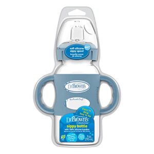 Dr. Brown's Milestones Wide-Neck Sippy Spout Bottle with 100% Silicone Handles, Easy-Grip Handles with Soft Sippy Spout, 9oz/270mL, Light-Blue, 1-Pack, 6m+