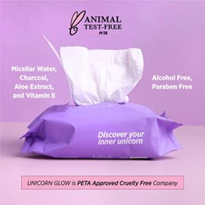 Unicorn Glow Makeup Remover Cleansing Face Wipes - 1 EA [25 count] XL Oversize Biodegradable Daily Cleansing Facial Towelettes to Remove Makeup, Micellar Water, Charcoal, Aloe Extract and Vitamin E, Alcohol Free, Paraben Free - CALL IT A DAY (1 EA)