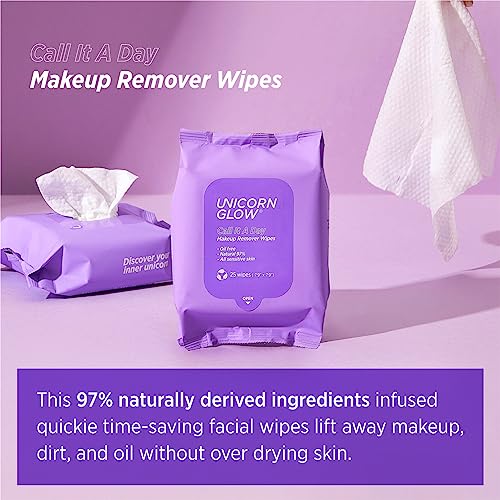 Unicorn Glow Makeup Remover Cleansing Face Wipes - 1 EA [25 count] XL Oversize Biodegradable Daily Cleansing Facial Towelettes to Remove Makeup, Micellar Water, Charcoal, Aloe Extract and Vitamin E, Alcohol Free, Paraben Free - CALL IT A DAY (1 EA)