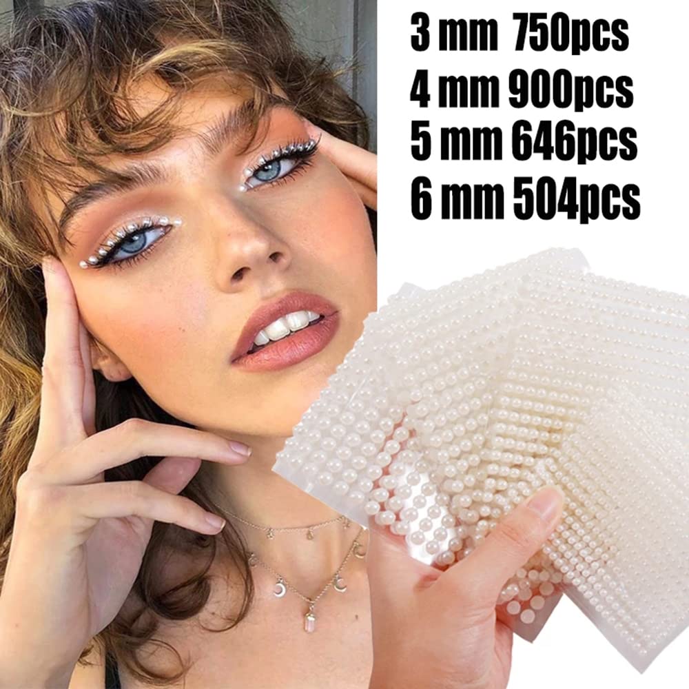 Face Pearl Gems Nail Rhinestone Stickers Makeup Diamonds Jewels for Eyes Hair Body Flat Pearls Temporary Tattoo Dots for Women 3D Self Adhesive Festival Bling Crystal 4 Sheets 2800 PCS (beige)