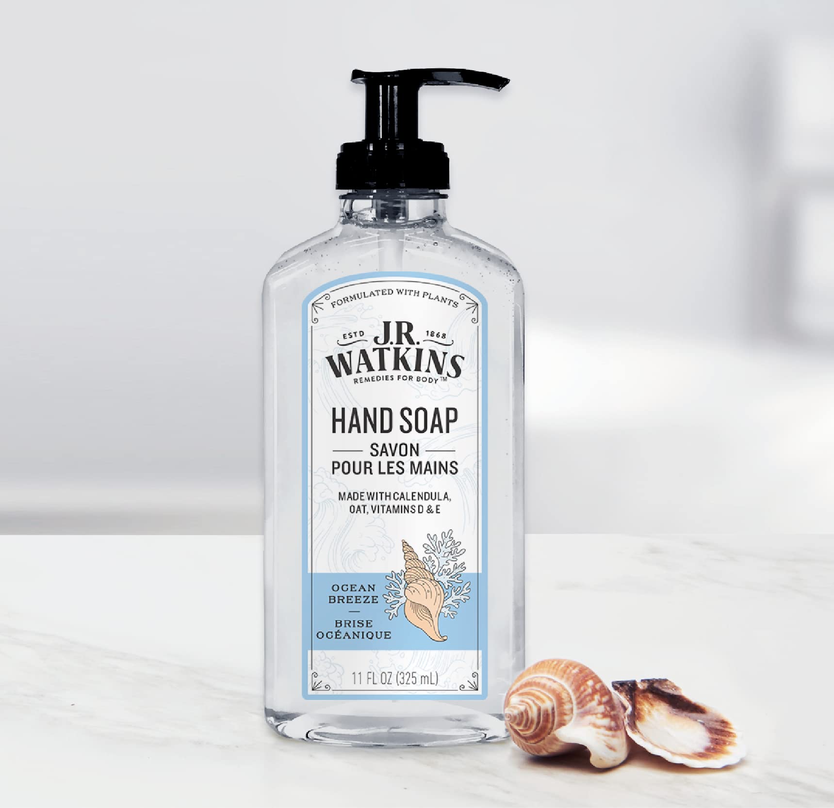 J.R. Watkins Gel Hand Soap With Dispenser, Moisturizing Hand Wash, All Natural, Alcohol-Free, Cruelty-Free, USA Made, Ocean Breeze, 11 Fl Oz, 3 Pack