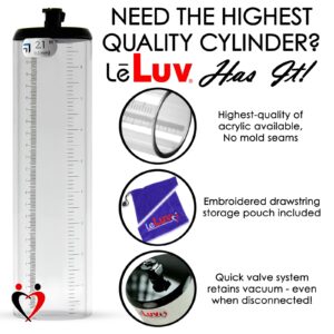 LeLuv 6mm Thick Walled Cylinder 2.1" x 9" for Penis Pumps, Seamless Untapered Clear Acrylic Adult Toy with Measurement Marks and Locking Vacuum Fitting