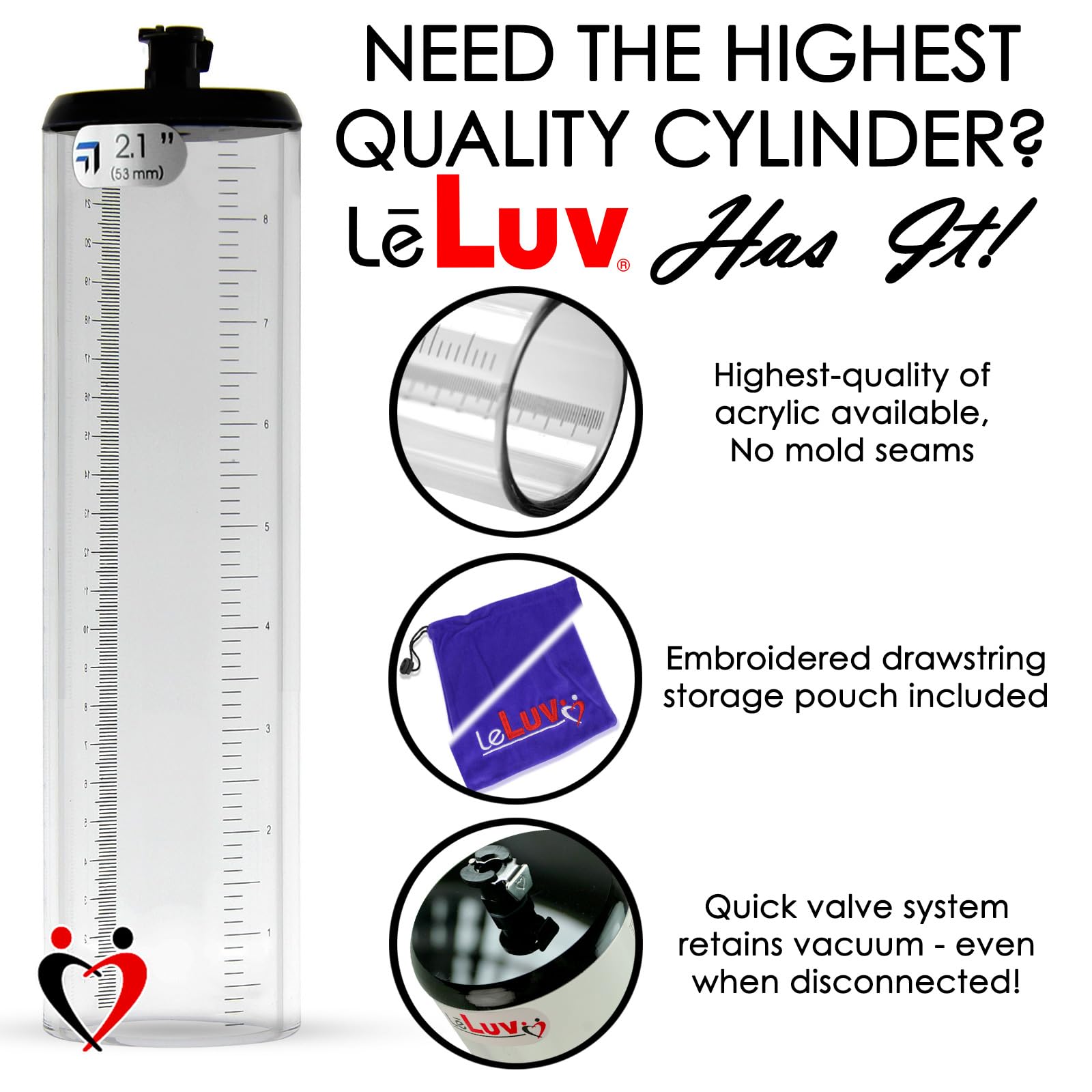 LeLuv 6mm Thick Walled Cylinder 2.1" x 9" for Penis Pumps, Seamless Untapered Clear Acrylic Adult Toy with Measurement Marks and Locking Vacuum Fitting