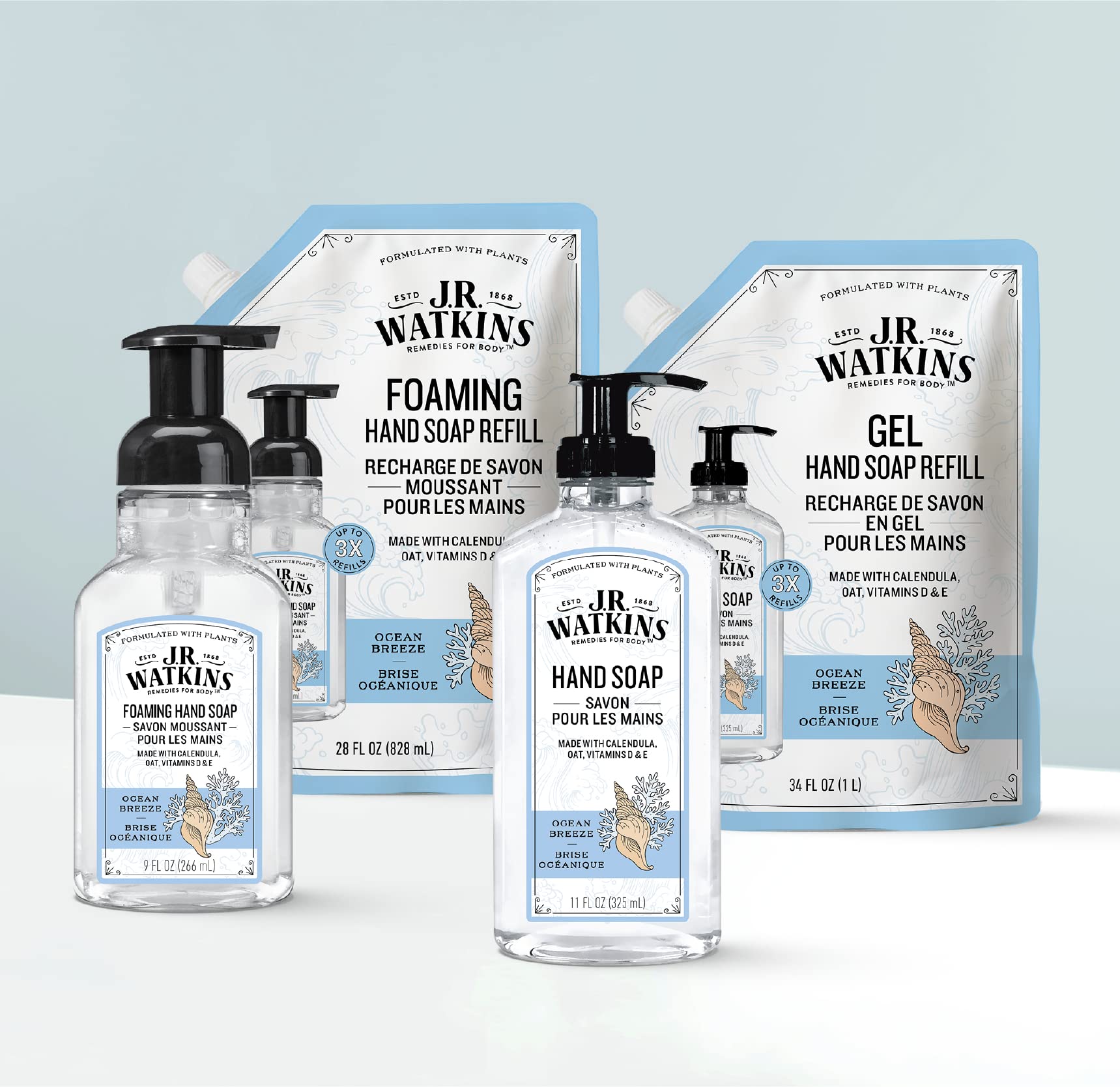 J.R. Watkins Gel Hand Soap With Dispenser, Moisturizing Hand Wash, All Natural, Alcohol-Free, Cruelty-Free, USA Made, Ocean Breeze, 11 Fl Oz, 3 Pack