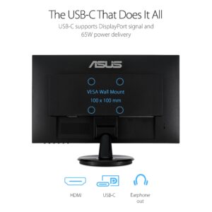 ASUS 27” 1080P Monitor (VA27DCP) - Full HD, IPS, 75Hz, USB-C 65W Power Delivery, Speakers, Adaptive-Sync/FreeSync, Eye Care, Low Blue Light, Flicker Free, VESA Mountable, Frameless, HDMI (Renewed)