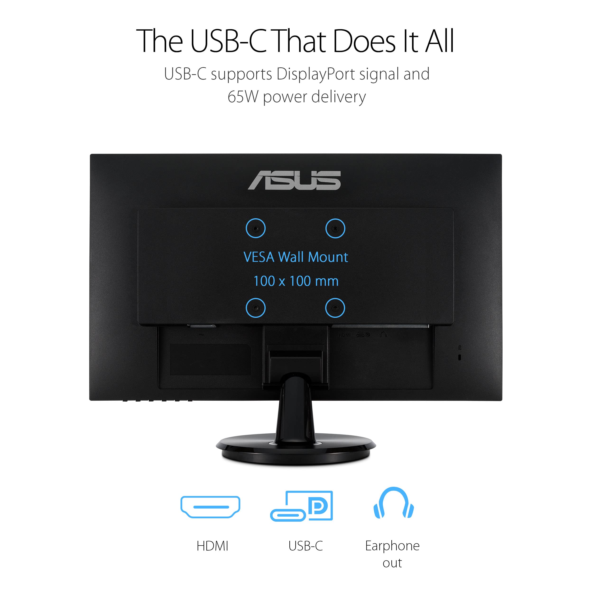 ASUS 27” 1080P Monitor (VA27DCP) - Full HD, IPS, 75Hz, USB-C 65W Power Delivery, Speakers, Adaptive-Sync/FreeSync, Eye Care, Low Blue Light, Flicker Free, VESA Mountable, Frameless, HDMI (Renewed)