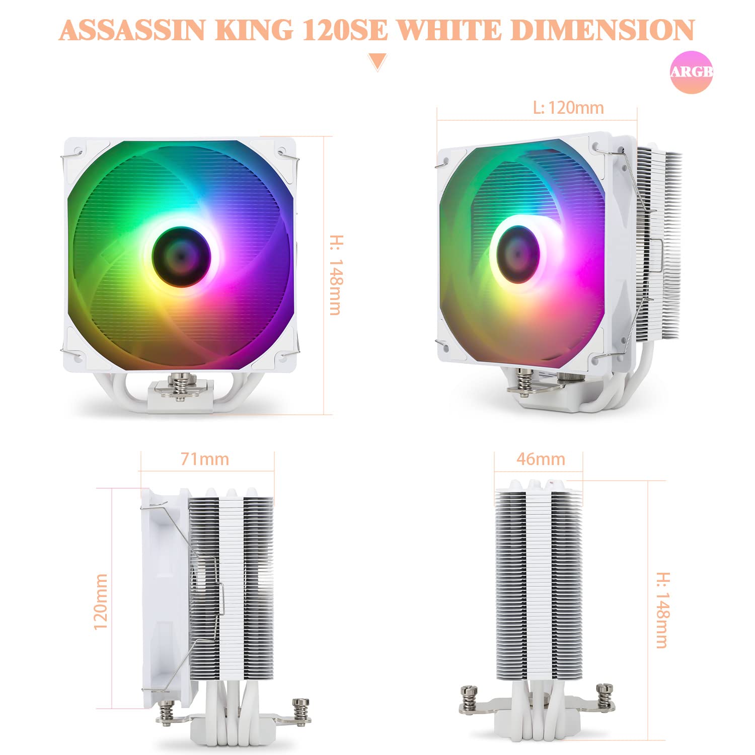 Thermalright Assassin King 120 SE White ARGB CPU Air Cooler, AK120 SE White ARB, 5 Heatpipes, TL-C12CW-S PWM Quiet Fan CPU Cooler with S-FDB Bearing, for AMD AM4/AM5/Intel LGA1700/1150/1151/1200