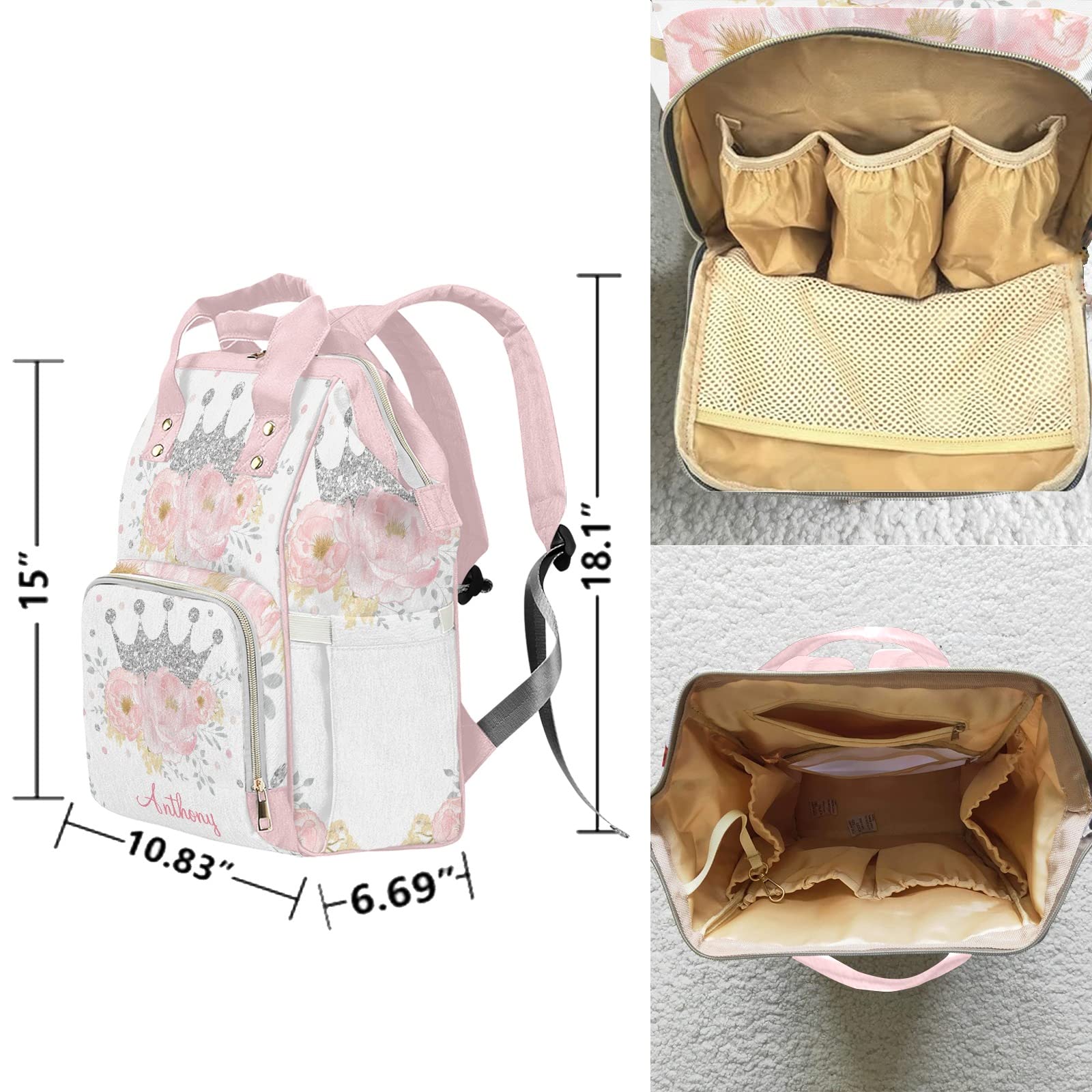 Floral Silver Crown Personalized Diaper Backpack with Name,Custom Travel DayPack for Nappy Mommy Nursing Baby Bag One Size