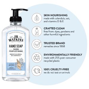 J.R. Watkins Gel Hand Soap With Dispenser, Moisturizing Hand Wash, All Natural, Alcohol-Free, Cruelty-Free, USA Made, Ocean Breeze, 11 Fl Oz, 3 Pack