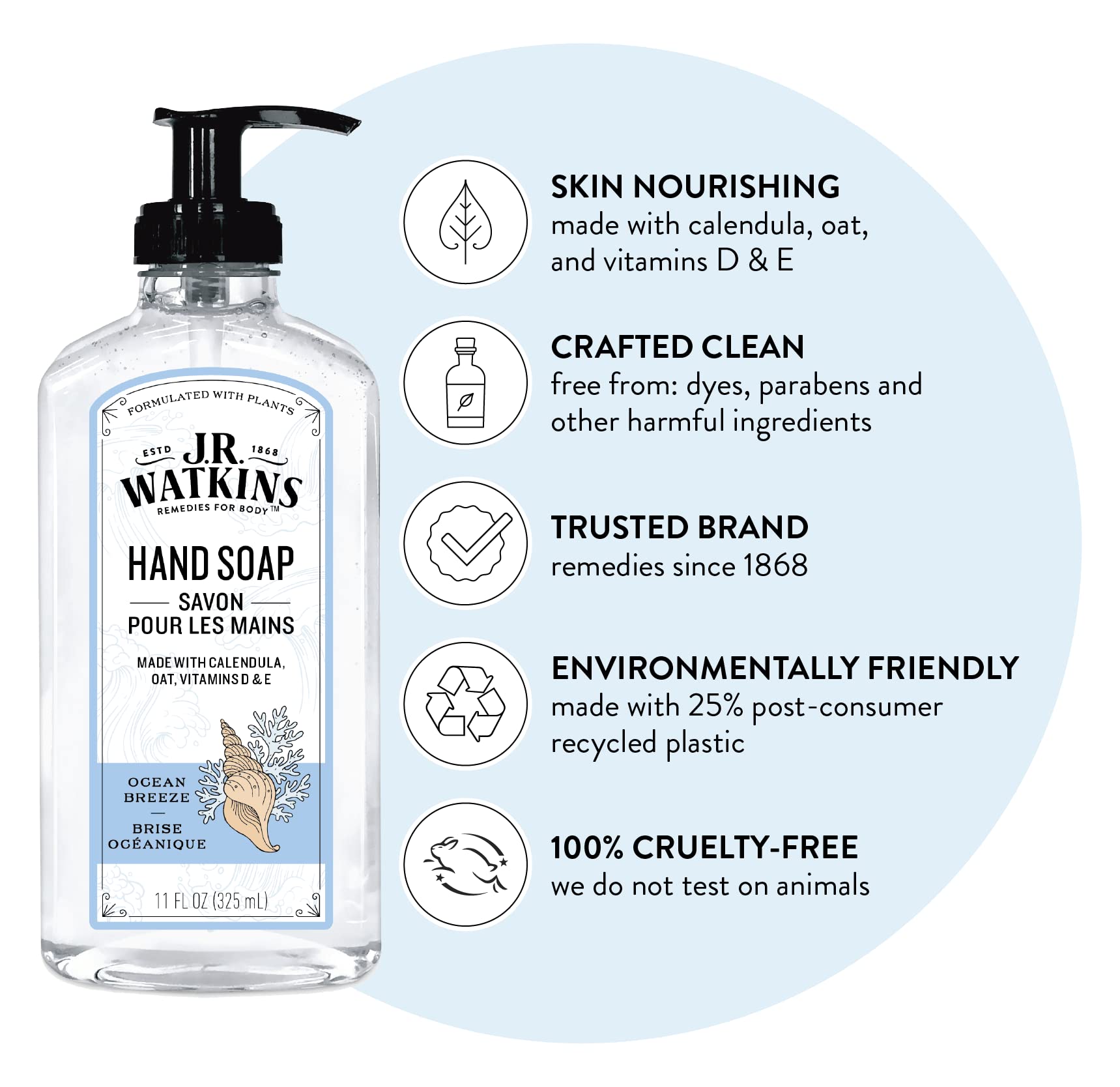 J.R. Watkins Gel Hand Soap With Dispenser, Moisturizing Hand Wash, All Natural, Alcohol-Free, Cruelty-Free, USA Made, Ocean Breeze, 11 Fl Oz, 3 Pack