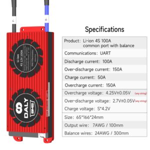 DALY Smart BMS Li-ion 12V 100A 4S BMS with Bluetooth Module Resetting Program for Rated 3.7V Lithium Battery Pack Charge and Discharge Protection Management…(Smart BMS,100A)