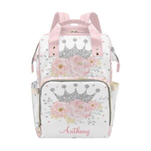 floral silver crown personalized diaper backpack with name,custom travel daypack for nappy mommy nursing baby bag one size