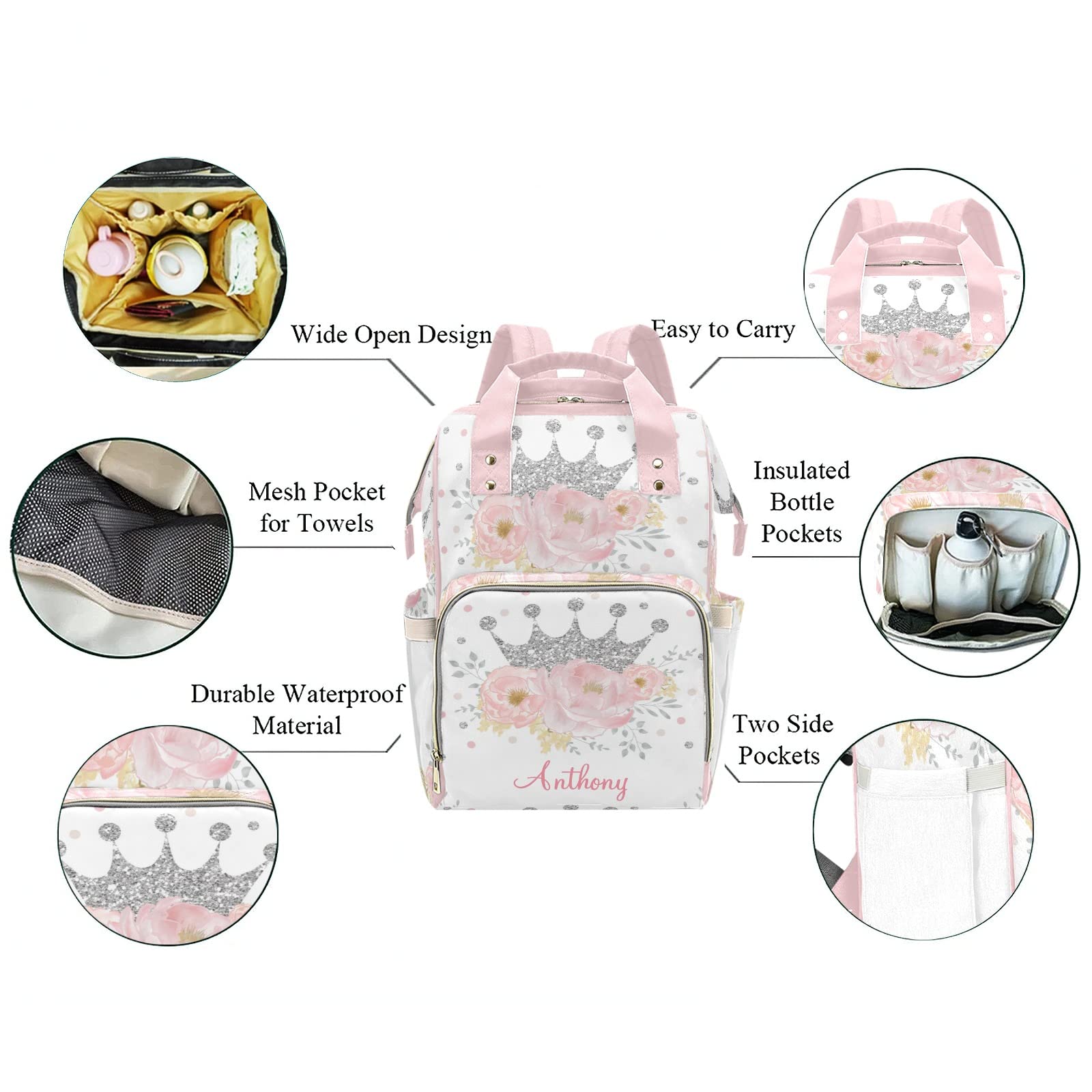 Floral Silver Crown Personalized Diaper Backpack with Name,Custom Travel DayPack for Nappy Mommy Nursing Baby Bag One Size