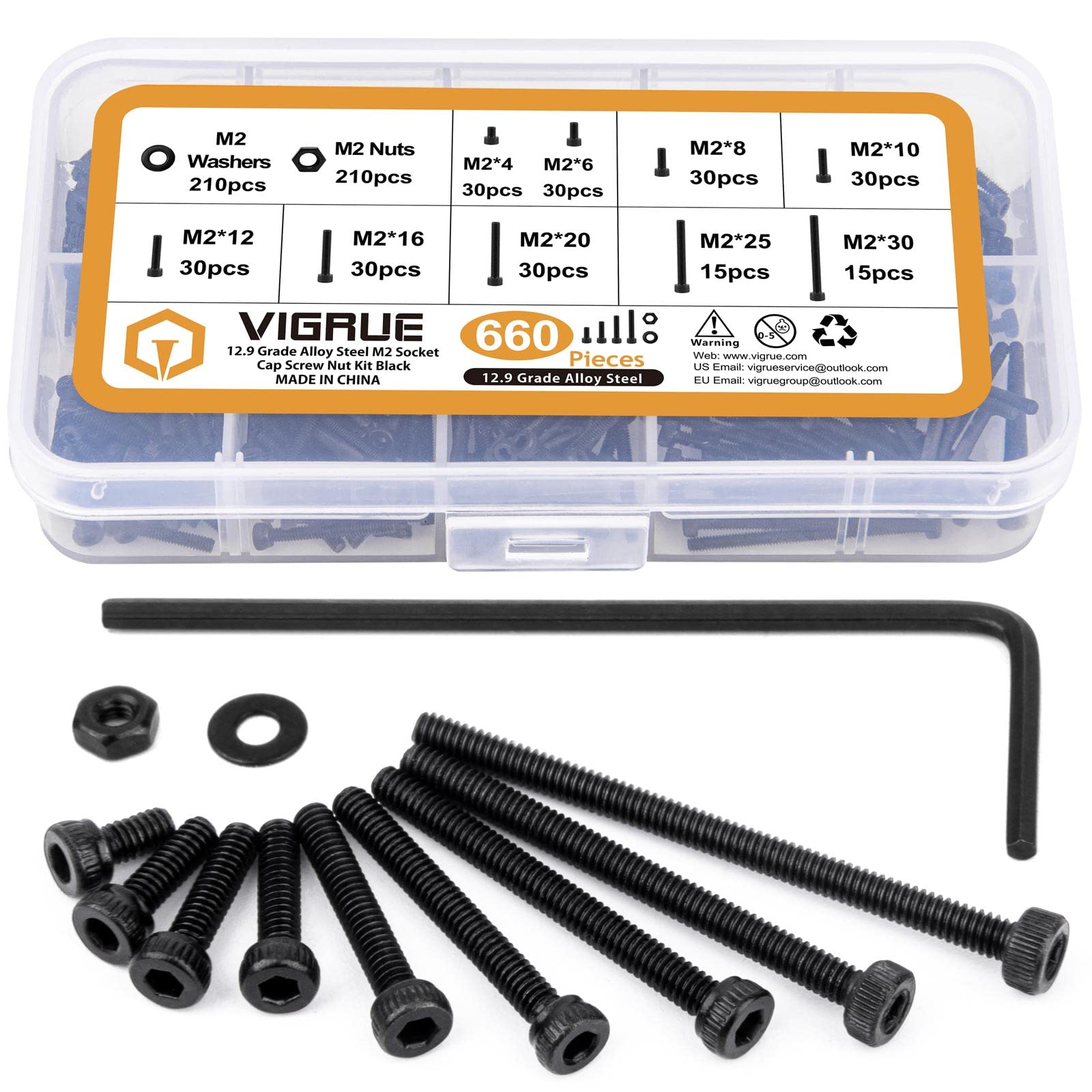 660Pcs M2 Screws Set Black, M2 x 4/6/8/10/12/16/20/25/30mm Hex Socket Head Cap Screws Nuts Washers Assortment Kit, 12.9 Grade Alloy Steel Assorted Screws, Fully Machine Threaded, Allen Socket Drive