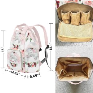 Girl Elephant Pink Floral Personalized Diaper Backpack with Name,Custom Travel DayPack for Nappy Mommy Nursing Baby Bag One Size