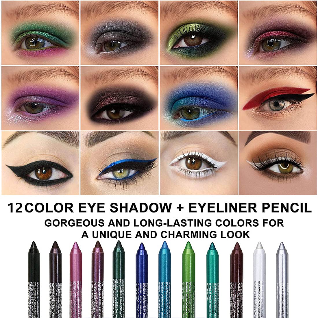 evpct 6Pcs Blue Colored Glitter Eyeliner Pencils Set delineadores de colores para ojos ojos contra el agua Dark Light Blue Green Purple Red Pink Metallic Colorful Liquid Eye Liner Set Women Waterproof