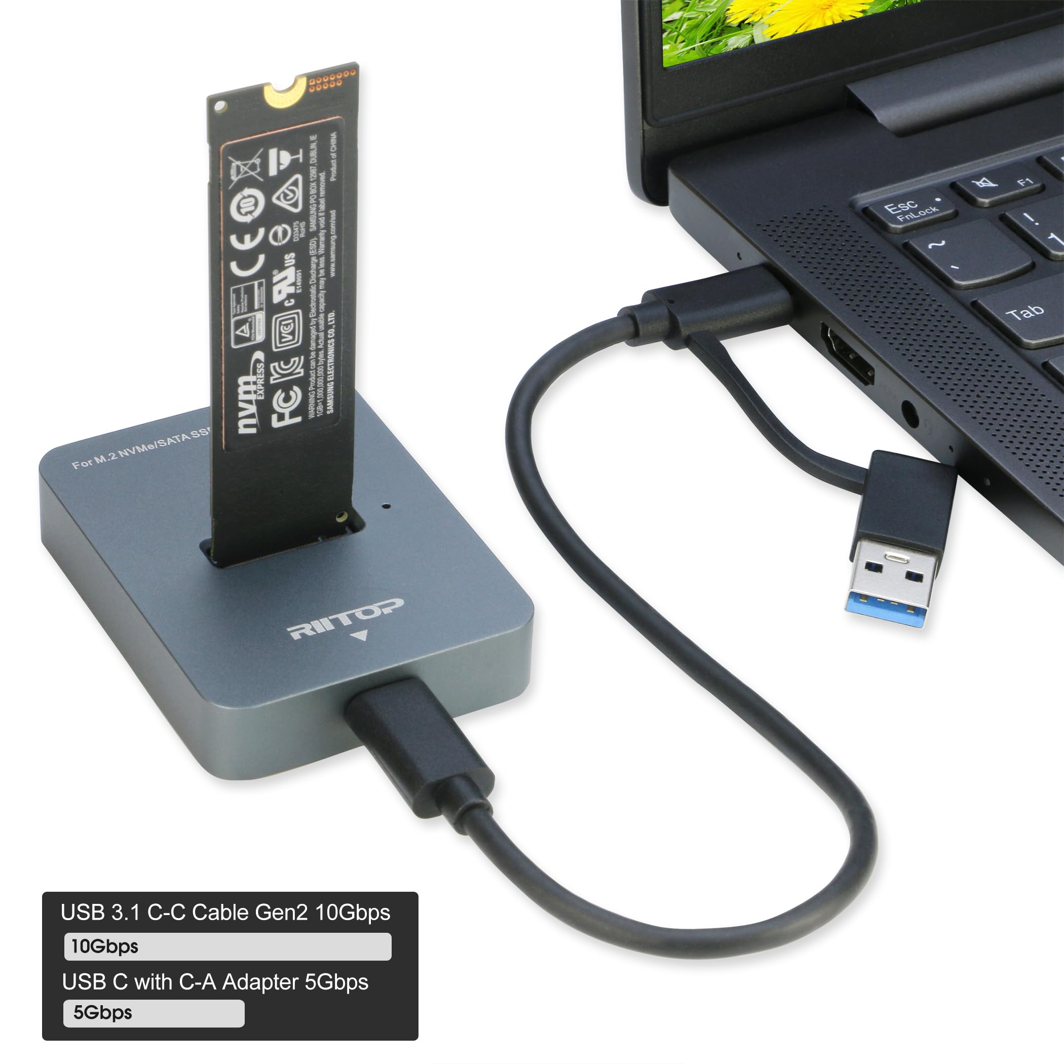 RIITOP M.2 to USB Docking Station, NVMe to USB-C Reader Adapter for Both M.2 (M Key) NVMe SSD and (B+M Key) SATA-Based SSD Enclosure