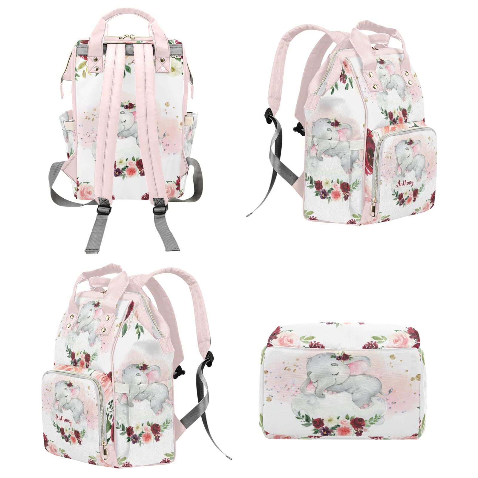 Girl Elephant Pink Floral Personalized Diaper Backpack with Name,Custom Travel DayPack for Nappy Mommy Nursing Baby Bag One Size