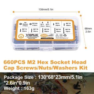 660Pcs M2 Screws Set Black, M2 x 4/6/8/10/12/16/20/25/30mm Hex Socket Head Cap Screws Nuts Washers Assortment Kit, 12.9 Grade Alloy Steel Assorted Screws, Fully Machine Threaded, Allen Socket Drive