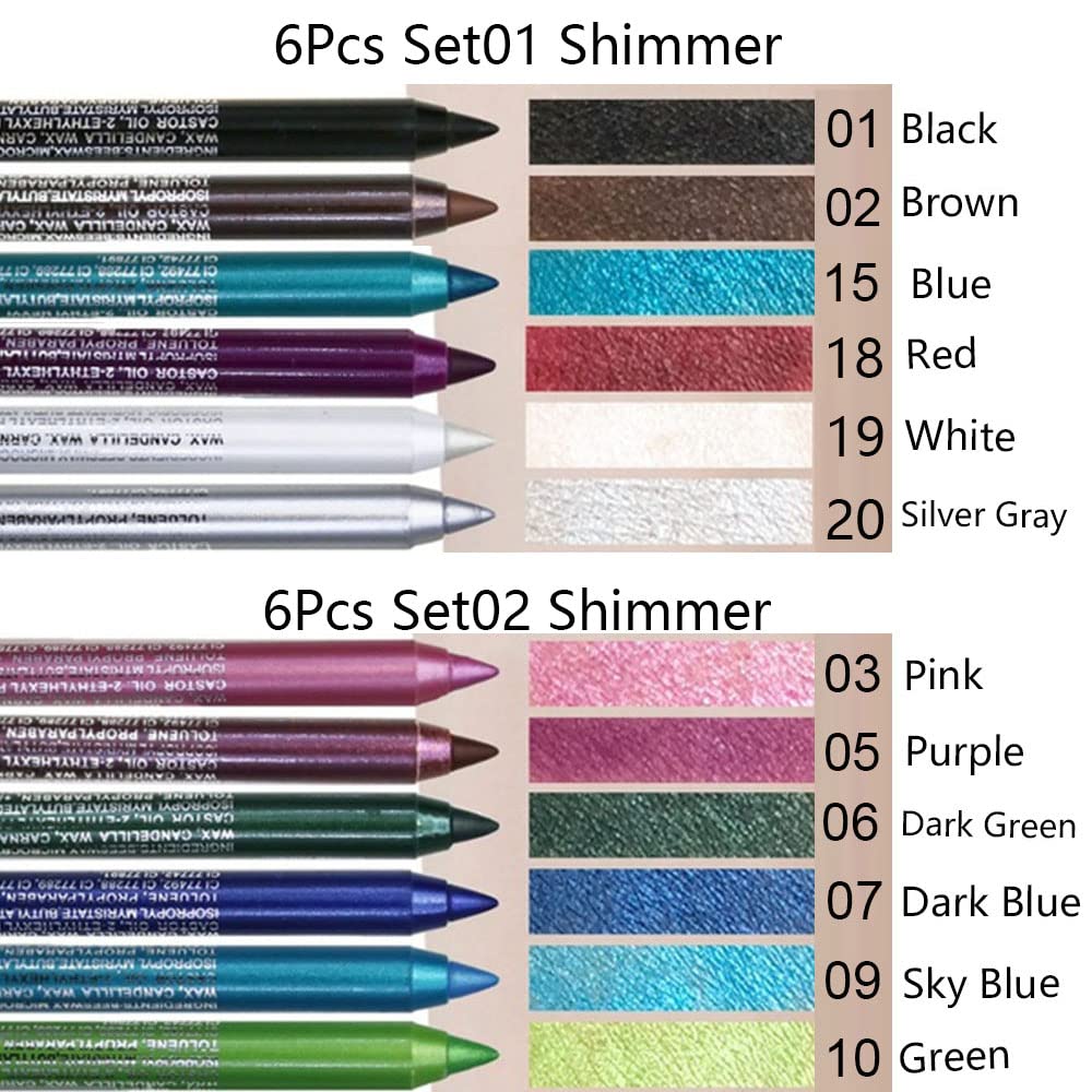 evpct 6Pcs Blue Colored Glitter Eyeliner Pencils Set delineadores de colores para ojos ojos contra el agua Dark Light Blue Green Purple Red Pink Metallic Colorful Liquid Eye Liner Set Women Waterproof