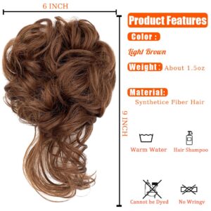 Messy Bun Hair Piece,Qunlinta Long Wavy Tousled Updo Hair Bun Extensions Wavy Hair Wrap Ponytail Hairpieces Hair Scrunchies with Elastic Hair Band for Women Girls -Light Brown