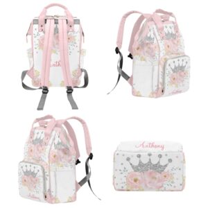 Floral Silver Crown Personalized Diaper Backpack with Name,Custom Travel DayPack for Nappy Mommy Nursing Baby Bag One Size