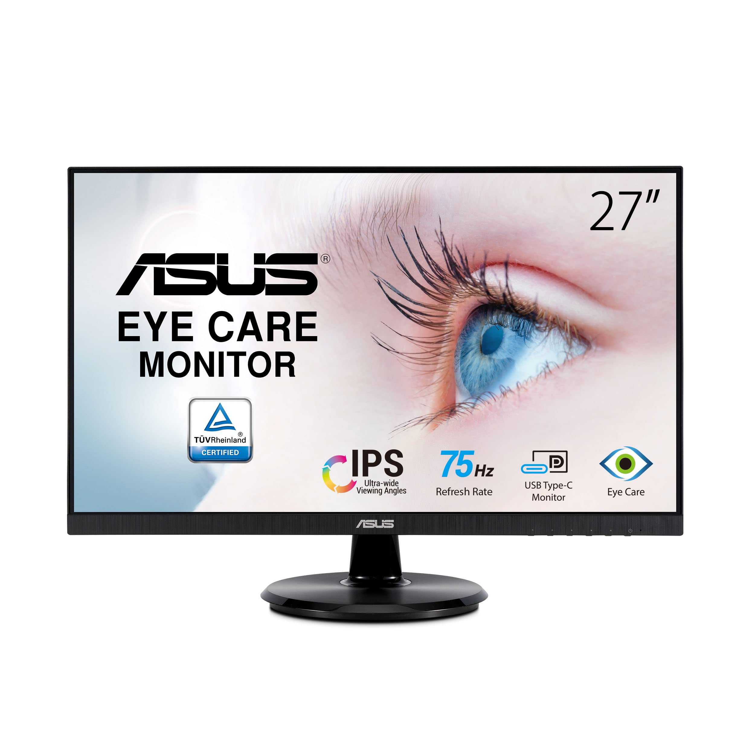 ASUS 27” 1080P Monitor (VA27DCP) - Full HD, IPS, 75Hz, USB-C 65W Power Delivery, Speakers, Adaptive-Sync/FreeSync, Eye Care, Low Blue Light, Flicker Free, VESA Mountable, Frameless, HDMI (Renewed)