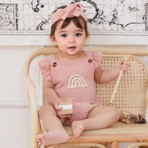 Engofs Boho Rainbow Baby Girl Clothes Newborn Infant Ruffled Sleeveless Romper with Headband Outfit Pink 0-3 Months