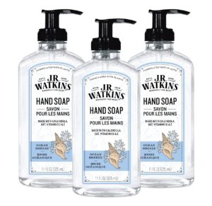 j.r. watkins gel hand soap with dispenser, moisturizing hand wash, all natural, alcohol-free, cruelty-free, usa made, ocean breeze, 11 fl oz, 3 pack