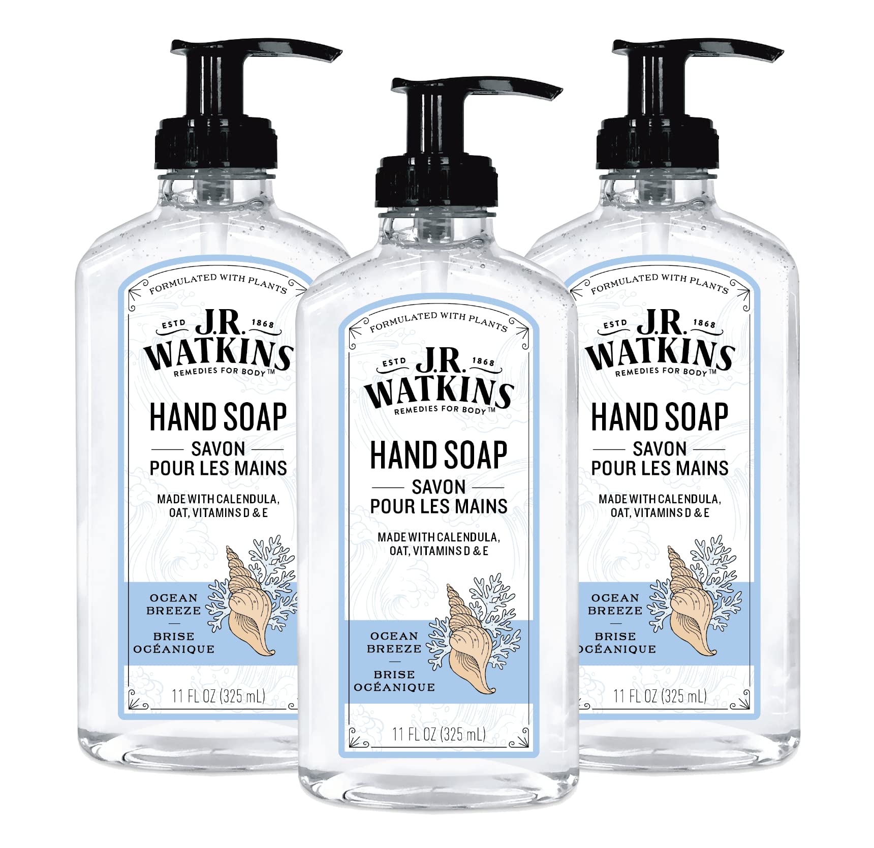 J.R. Watkins Gel Hand Soap With Dispenser, Moisturizing Hand Wash, All Natural, Alcohol-Free, Cruelty-Free, USA Made, Ocean Breeze, 11 Fl Oz, 3 Pack