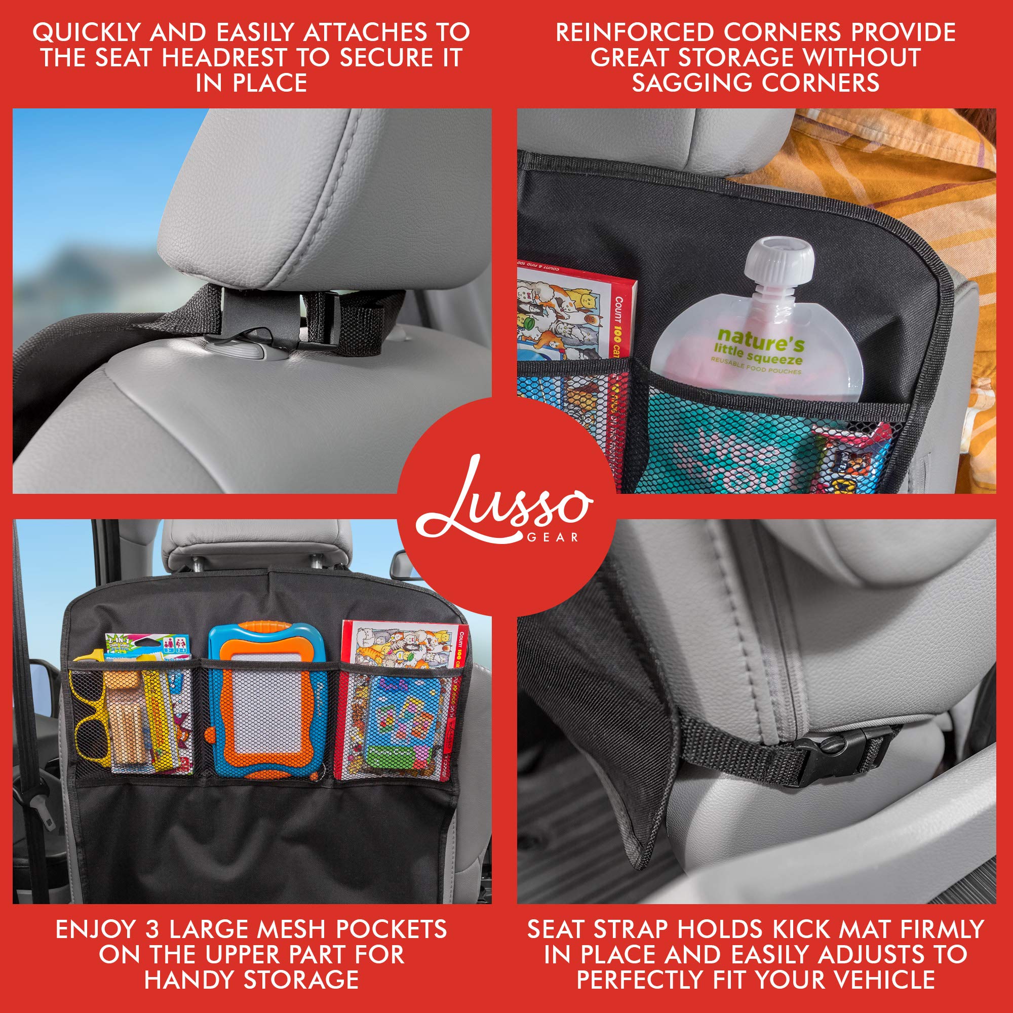 Lusso Gear Car Seat Protector (Black) + Two Pack of Heavy Duty Kick Mats (Black), Waterproof, Protects Fabric or Leather Seats, Premium Oxford Fabric, Travel Essentials