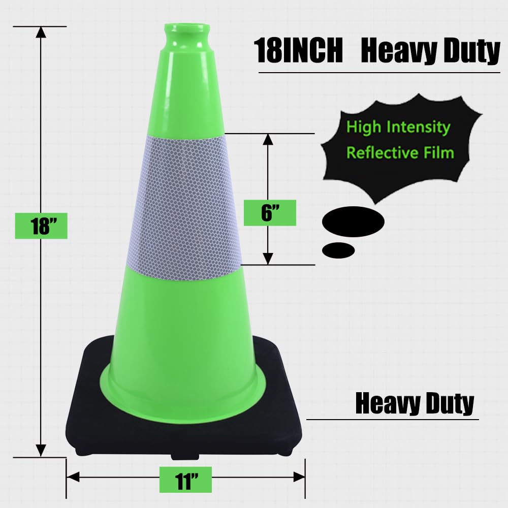 BESEA 6Pack 18" inch Traffic Cones Green Safety Cones PVC Construction Cones with 6 inch Reflective Collar for Home Driveway Road Parking Use(6 Cones)