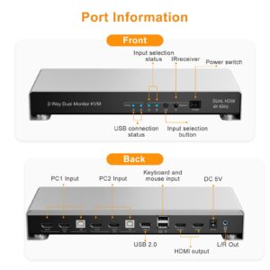 KVM Switch 2 Monitors 2 Computers, 4K@60Hz Dual Monitor KVM Switch HDMI 2 Port Extended Display, Audio & Microphone, EDID Emulators, Hotkey & Remote & Button Switch, with Input Cables