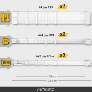 Antec Power Supply Sleeved Cable, PSU Extension Cable Kit / 1x24pin ATX / 2x8pin (4+4) EPS / 3x8pin (6+2) PCI-E, 30cm Length with Combs, Dual EPS White (White Connector)